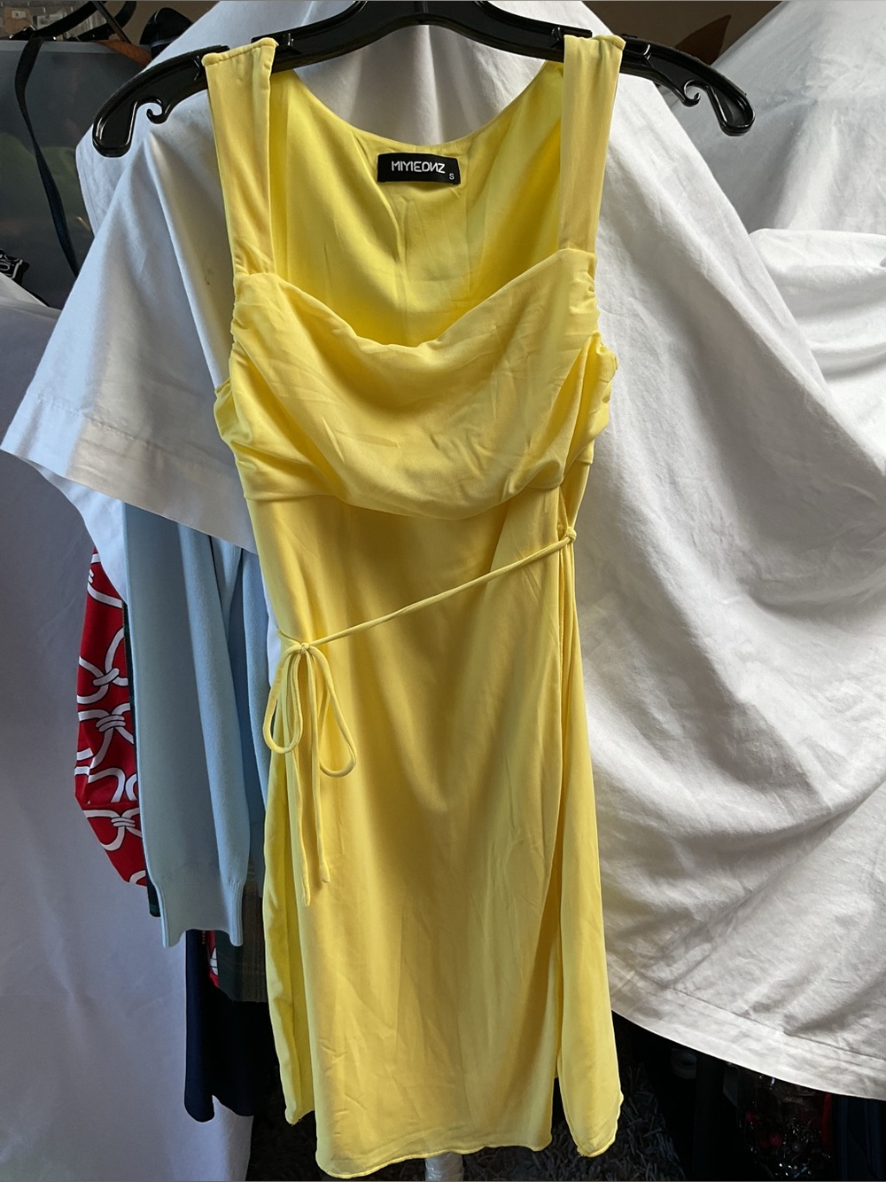 Myne Bright Yellow Cowl Neck Mini Dress with Side Tie